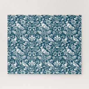 Pheasant and Hare Pattern, Indigo Blue and White Jigsaw Puzzle