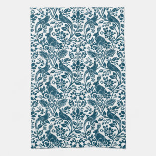 Pheasant and Hare Pattern, Indigo Blue and White Tea Towel