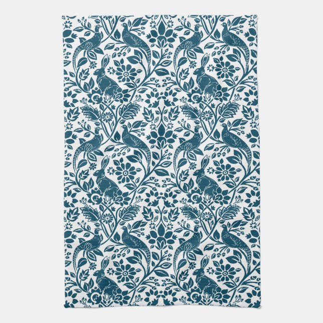 Pheasant and Hare Pattern, Indigo Blue and White Tea Towel (Vertical)