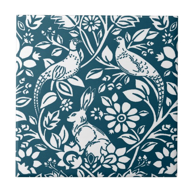 Pheasant and Hare Pattern, Indigo Blue and White Tile (Front)