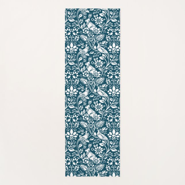 Pheasant and Hare Pattern, Indigo Blue and White Yoga Mat (Front)