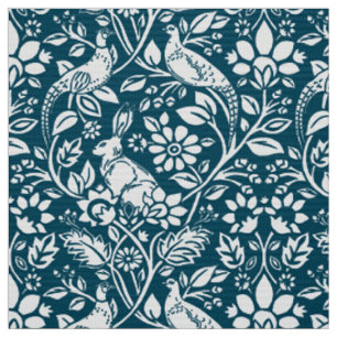 Pheasant and Hare Pattern, Indigo Blue & White Fabric