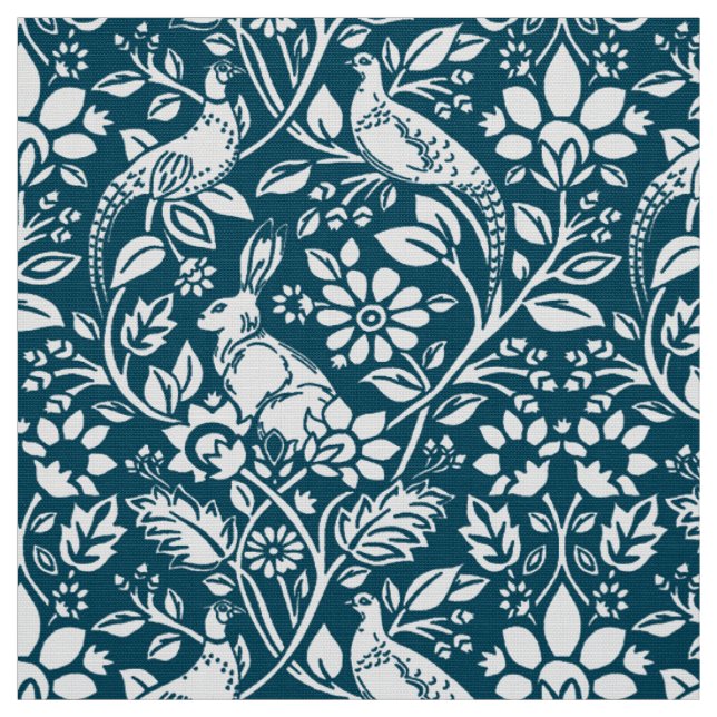 Pheasant and Hare Pattern, Indigo Blue & White Fabric (Swatch)