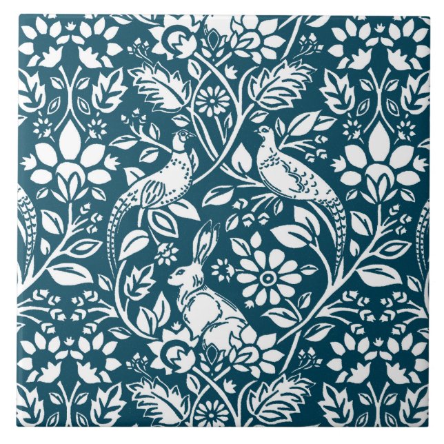 Pheasant and Hare Pattern, Indigo Blue & White Tile (Front)