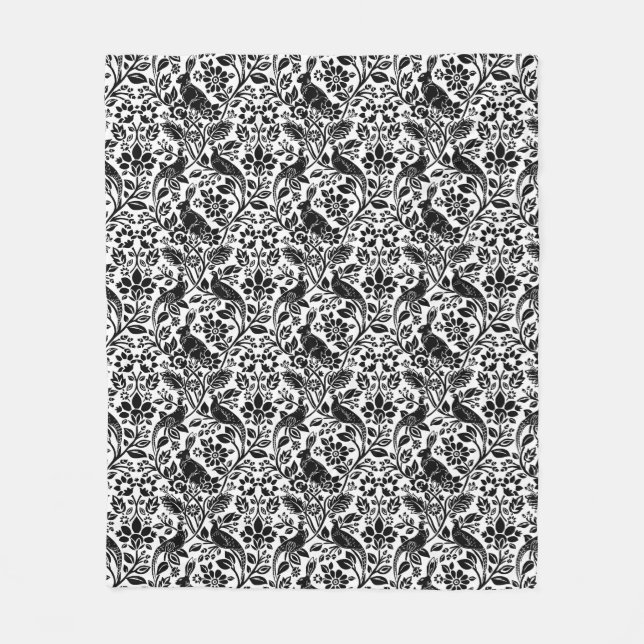 Pheasant and Hare Pattern, White and Black  Fleece Blanket (Front)