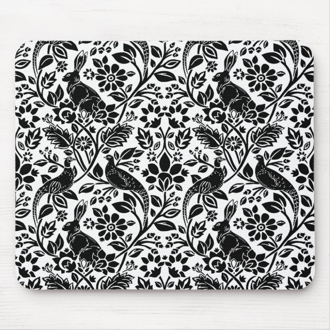 Pheasant and Hare Pattern, White and Black Mouse Mat (Front)