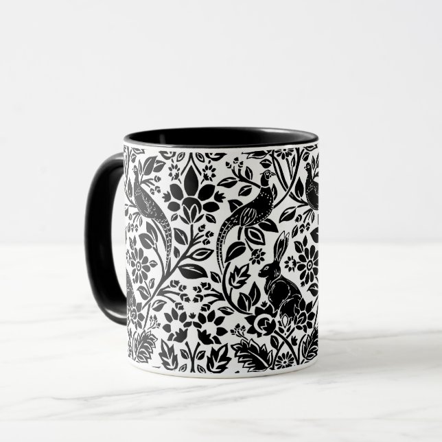 Pheasant and Hare Pattern, White and Black Mug (Front Left)