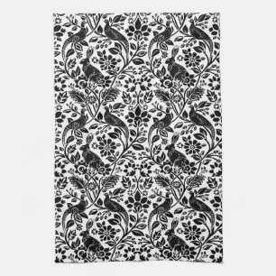 Pheasant and Hare Pattern, White and Black Tea Towel
