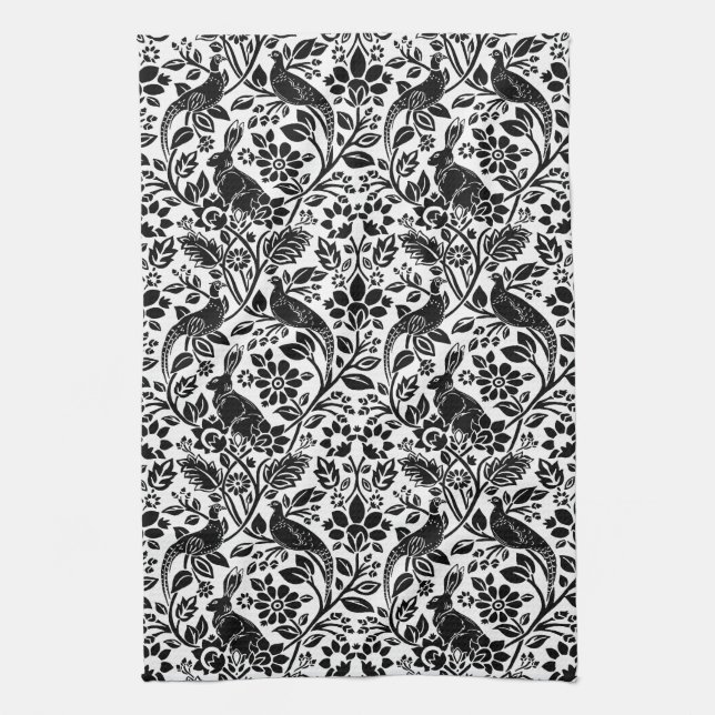 Pheasant and Hare Pattern, White and Black Tea Towel (Vertical)