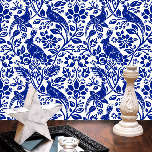 Pheasant and Hare Pattern, White and Dark Blue  Wallpaper