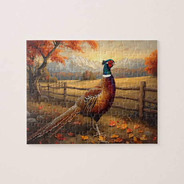 Pheasant Bird Autumn Mountain Sunset Painting Jigsaw Puzzle (Horizontal)