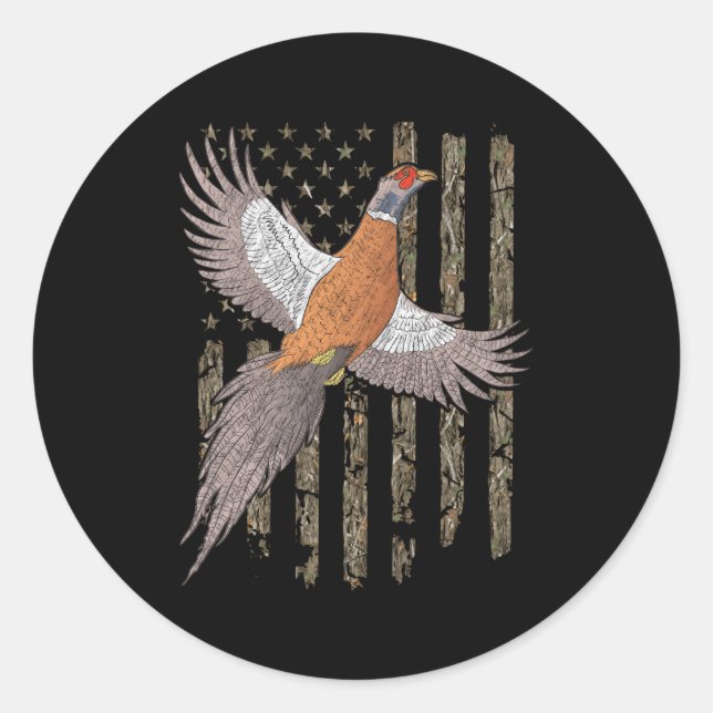 Pheasant Bird Hunting Usa American Flag Tree Camou Classic Round Sticker (Front)