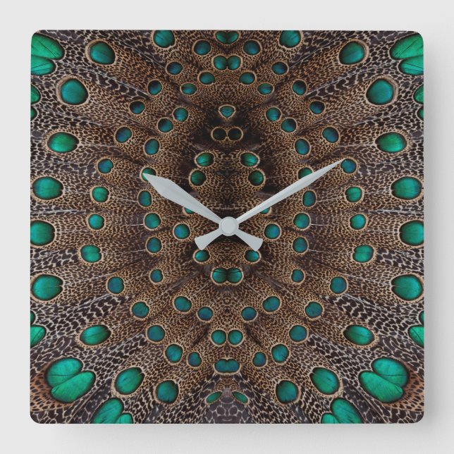 Pheasant Feather Fractal Design Square Wall Clock (Front)