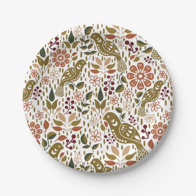 Pheasant Folk Art Paper Plates Fall Party Supplies (Front)