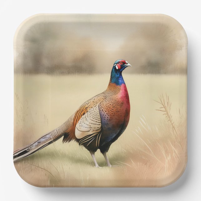 Pheasant Portrait In Golden Meadow Paper Plate (Front)