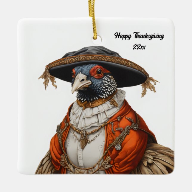 pheasant wearing pilgrim clothing ceramic ornament (Front)