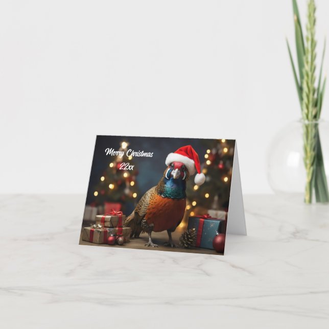 Pheasant wearing santa hat card (Front)