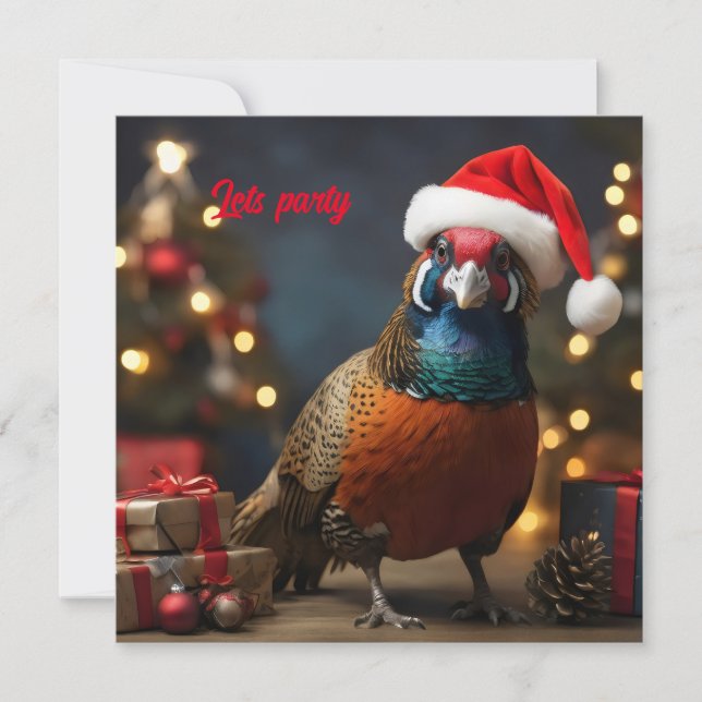 Pheasant wearing santa hat invitation (Front)