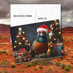 Pheasant wearing santa hat postcard