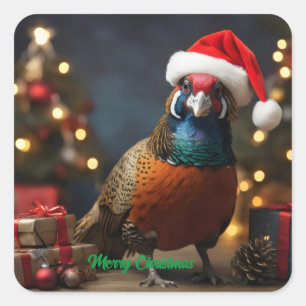 Pheasant wearing santa hat square sticker