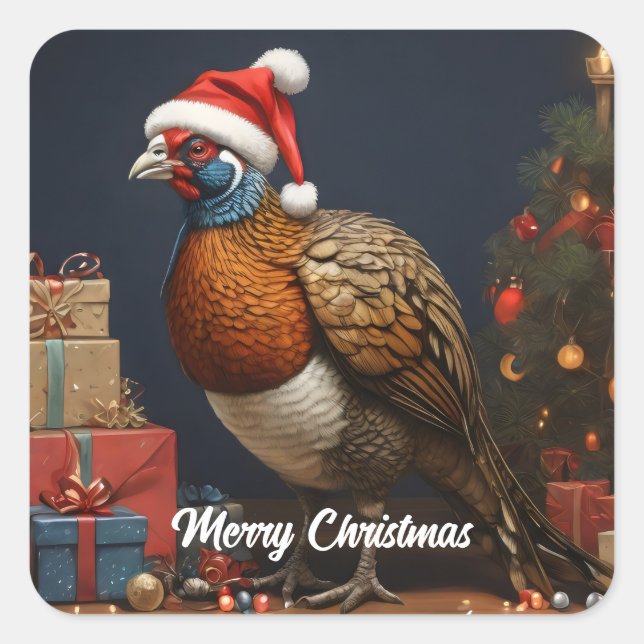 pheasant with christmas tree and presents square sticker (Front)
