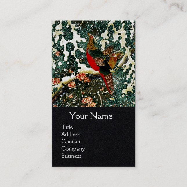 Pheasants in Snow, Pine Tree,Roses,Japanese Floral Business Card (Front)