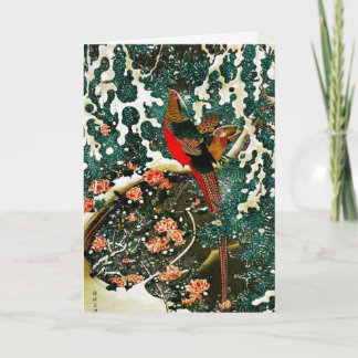 Pheasants in Snow, Pine Tree,Roses,Japanese Floral Holiday Card