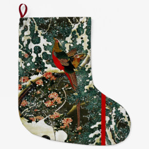 Pheasants in Snow, Pine Tree,Roses,Japanese Floral Large Christmas Stocking