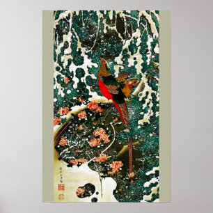 Pheasants in Snow, Pine Tree,Roses,Japanese Floral Poster