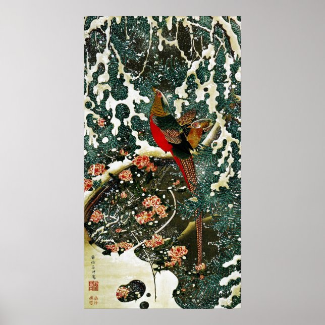Pheasants in Snow, Pine Tree,Roses,Japanese Floral Poster (Front)