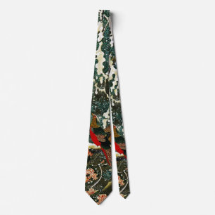 Pheasants in Snow, Pine Tree,Roses,Japanese Floral Tie