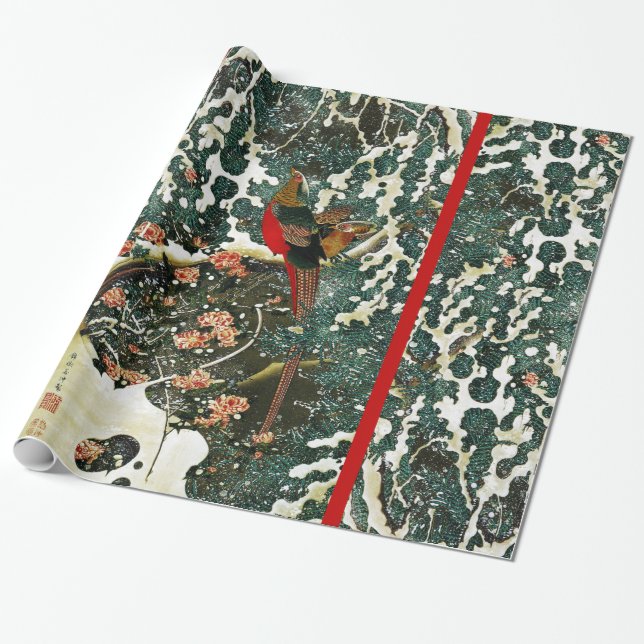 Pheasants in Snow, Pine Tree,Roses,Japanese Floral Wrapping Paper (Unrolled)