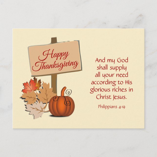 PHIL 4:19 My God Shall Supply | HAPPY THANKSGIVING Holiday Postcard (Front)