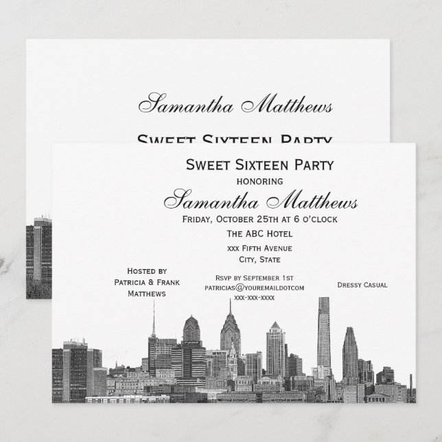 Philadelphia Black Etched Look Skyline Sweet 16 Invitation (Front/Back)