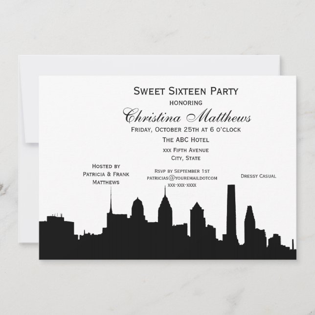 Philadelphia Black Skyline Silhouette Sweet 16 Invitation (Front)