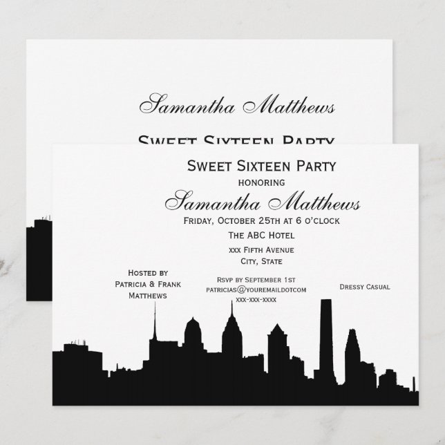 Philadelphia Black Skyline Silhouette Sweet 16 Invitation (Front/Back)