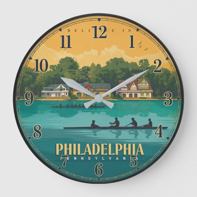 Philadelphia Boathouse Row Schuylkill River Rowing Large Clock (Front)