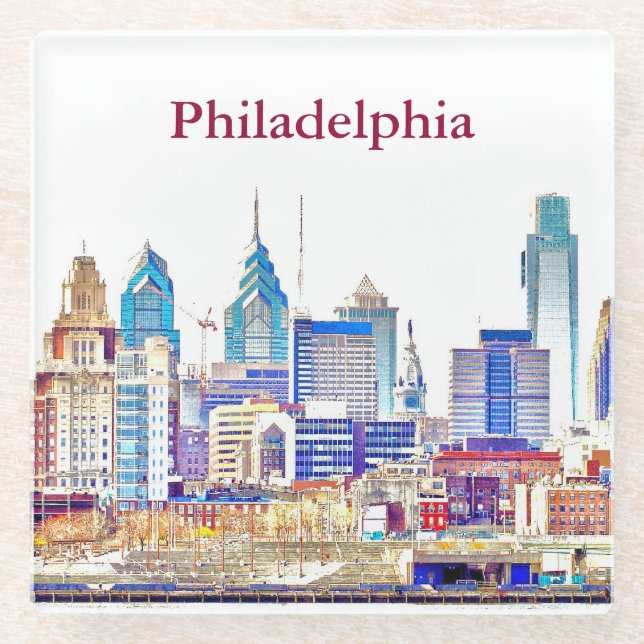 Philadelphia Colour Sketch Glass Coaster (Front)