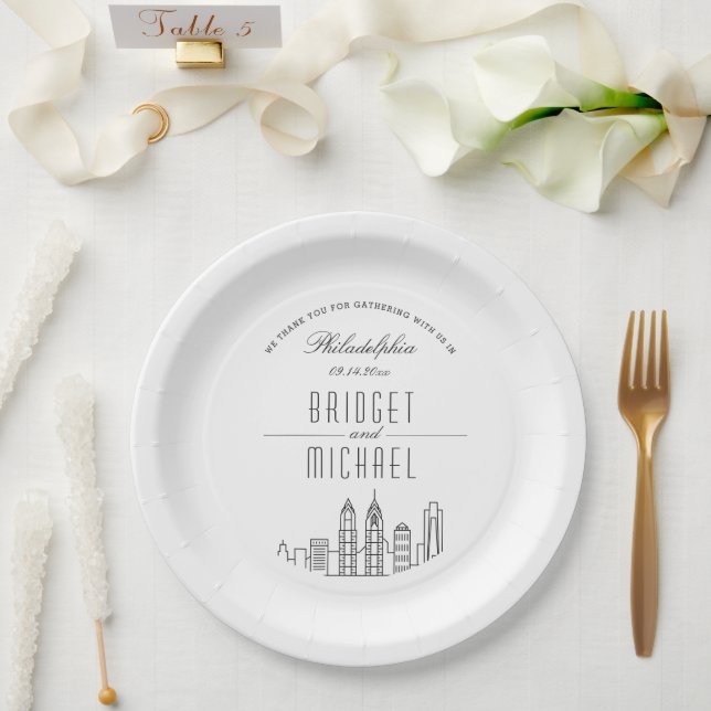 Philadelphia Deco Skyline | Wedding Event Paper Plate (Wedding)