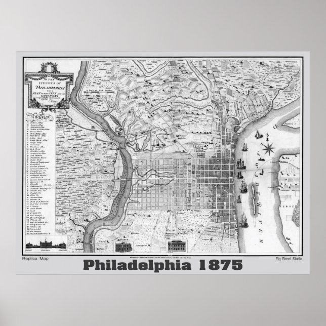 Philadelphia Map 1875, Replica Gray Poster (Front)