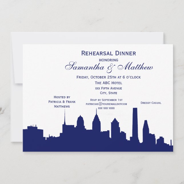 Philadelphia Navy Skyline Silhouette Rehearsal Din Invitation (Front)