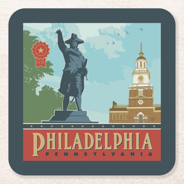 Philadelphia, PA | Independence Hall Square Paper Coaster (Front)