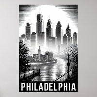 Philadelphia Pennsylvania Black White Woodcut