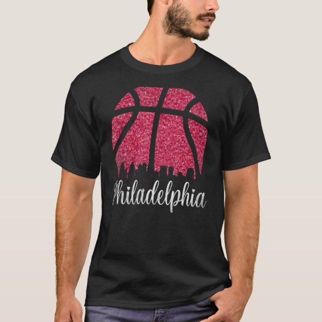 Philadelphia Pennsylvania Skyline Pink Basketball T-Shirt (Front)