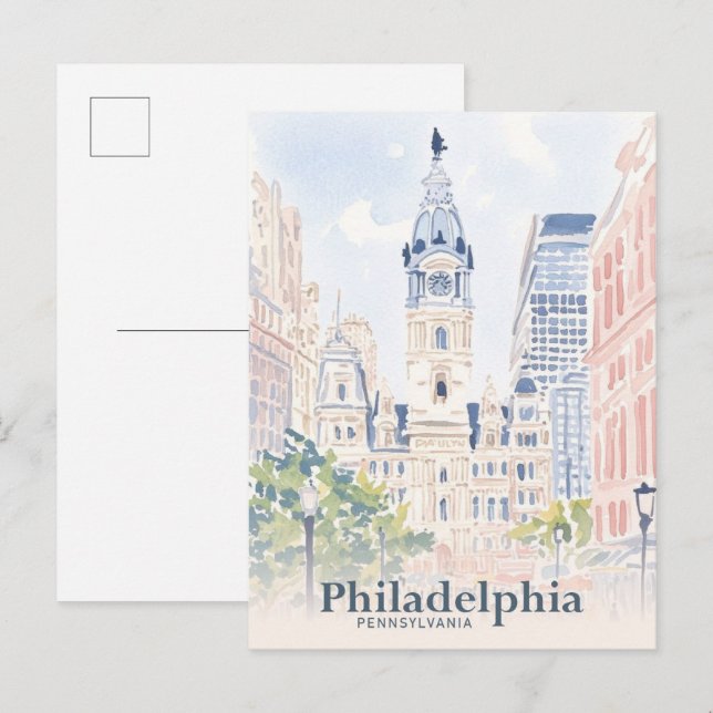 Philadelphia Pennsylvania USA Watercolor Travel Postcard (Front/Back)