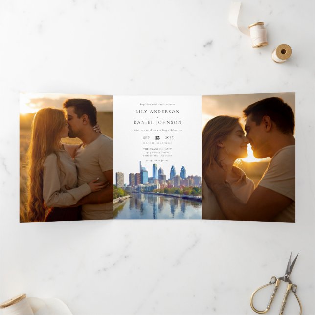 Philadelphia QR Code 3 Photo Wedding Tri-Fold Invitation (Inside)