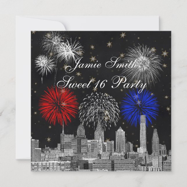 Philadelphia Skyline Black Gold Star Sweet 16 FW Invitation (Front)