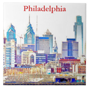 Philadelphia Skyline Colour Sketch Tile