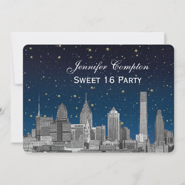 Philadelphia Skyline Etch Blue Starry Sweet 16 H Invitation (Front)