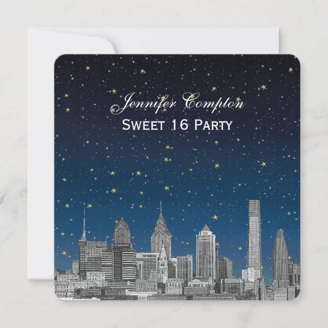 Philadelphia Skyline Etch Blue Starry Sweet 16 H Invitation (Front)